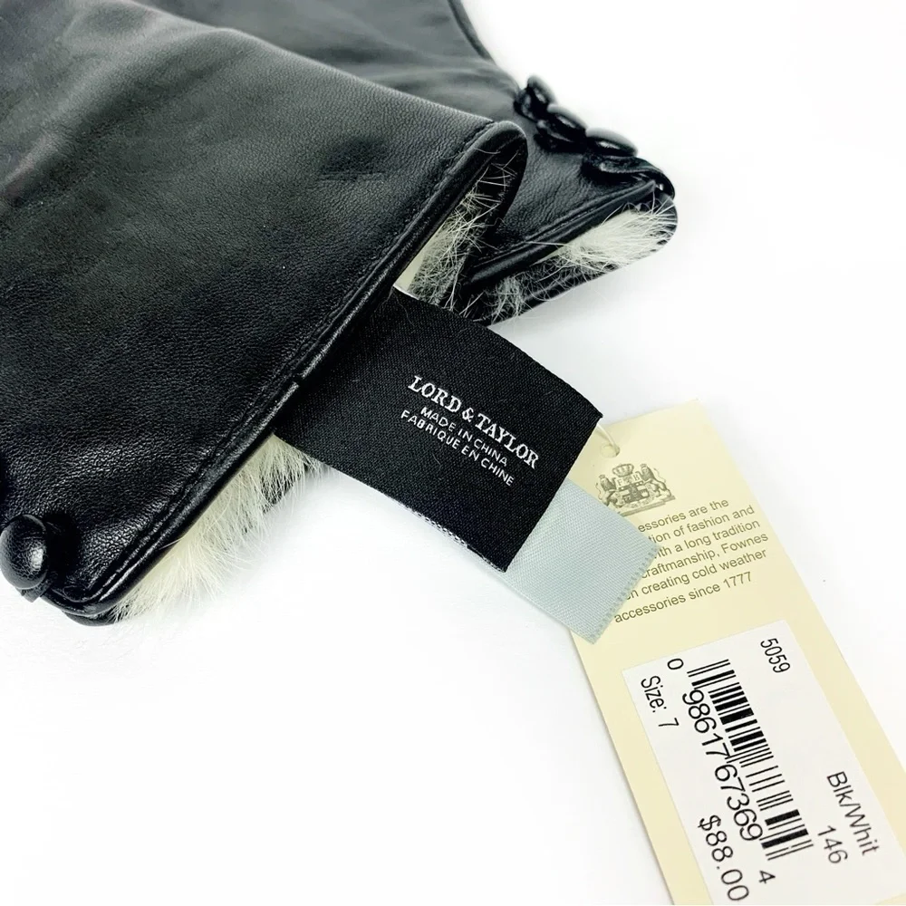 Sleek Black Authentic Leather Gloves With Real Off White Fur Lined Cuffs